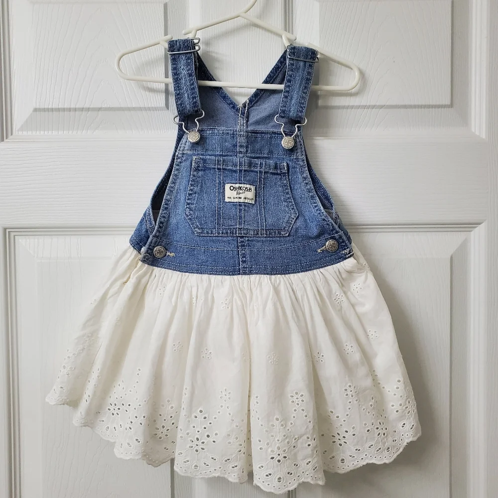 OshKosh B'gosh Denim and White Eyelet Dress Jumper Girls 24 Months